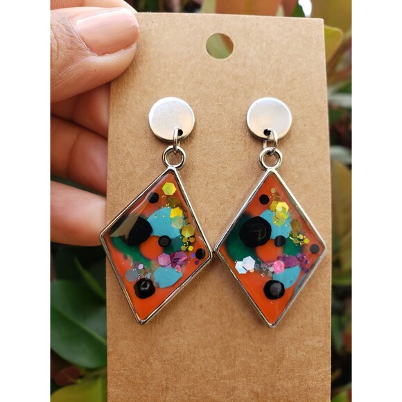 Diamond Shaped Abstract Colored Handmade Silver Earrings - Tones Verdes Jewelry - Picture 4 of 4